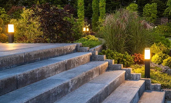 Outdoor landscape lighting illuminating steps in Bowie, MD, showcasing outdoor and landscape lighting replacement services.