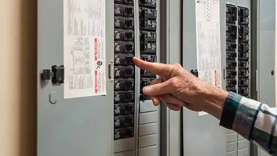 Electrician inspecting a modern electrical panel, showcasing top-rated residential panel upgrade services in Laurel MD.